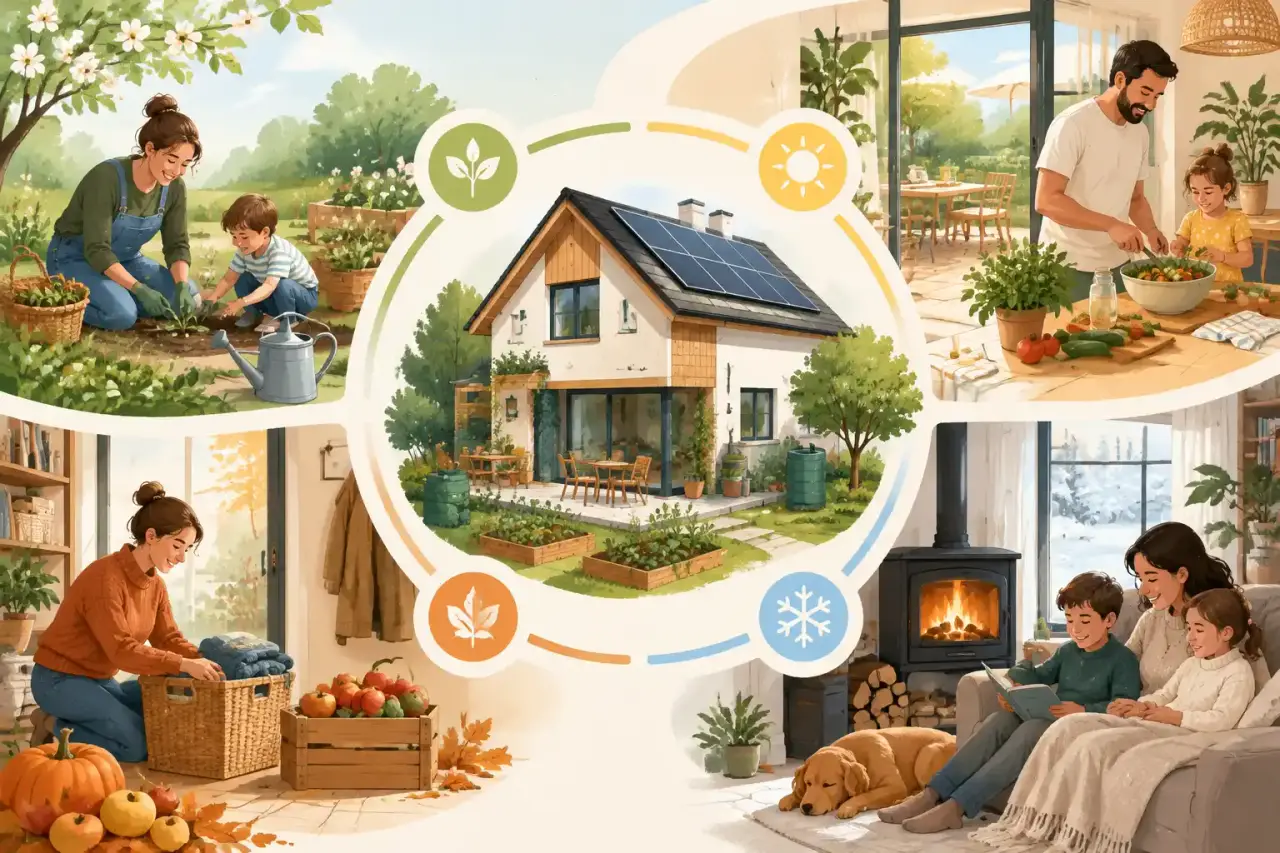 Salon familial lumineux et végétalisé, aménagé dans un esprit de maison durable