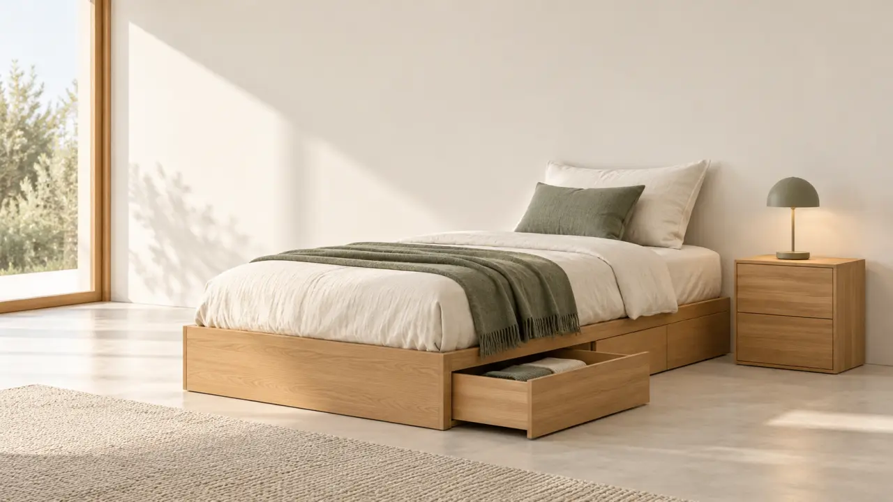 Chambre de maison minimaliste avec palette douce, rangement fonctionnel et lumière apaisante
