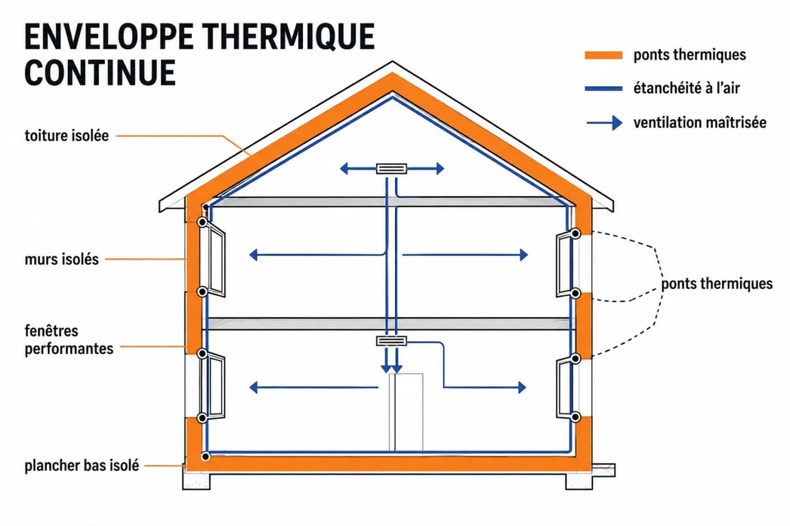 Isolation maison neuve : schéma éditorial d’une enveloppe thermique continue avec toiture, murs, plancher bas et ventilation