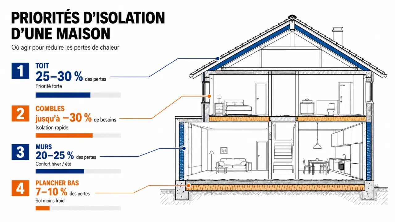 Habitatfuturvert isolation maison : illustration des zones prioritaires à isoler dans une maison pour réduire les pertes de chaleur
